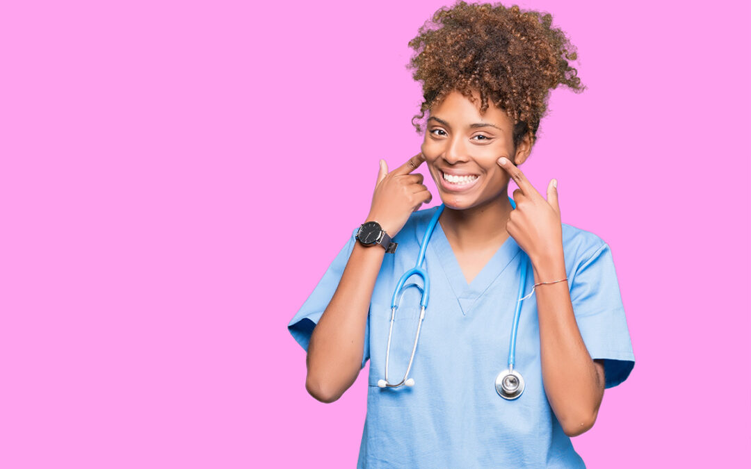 nurse forcing cheerful smile